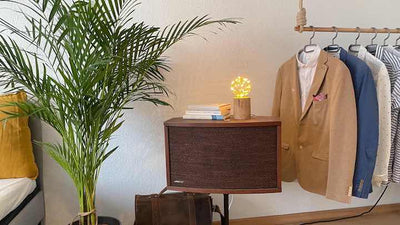 DIY Tischleuchte aus Holz vor weißer Wand auf Beistelltisch zwischen Raumpflanze und DIY Kleiderstange