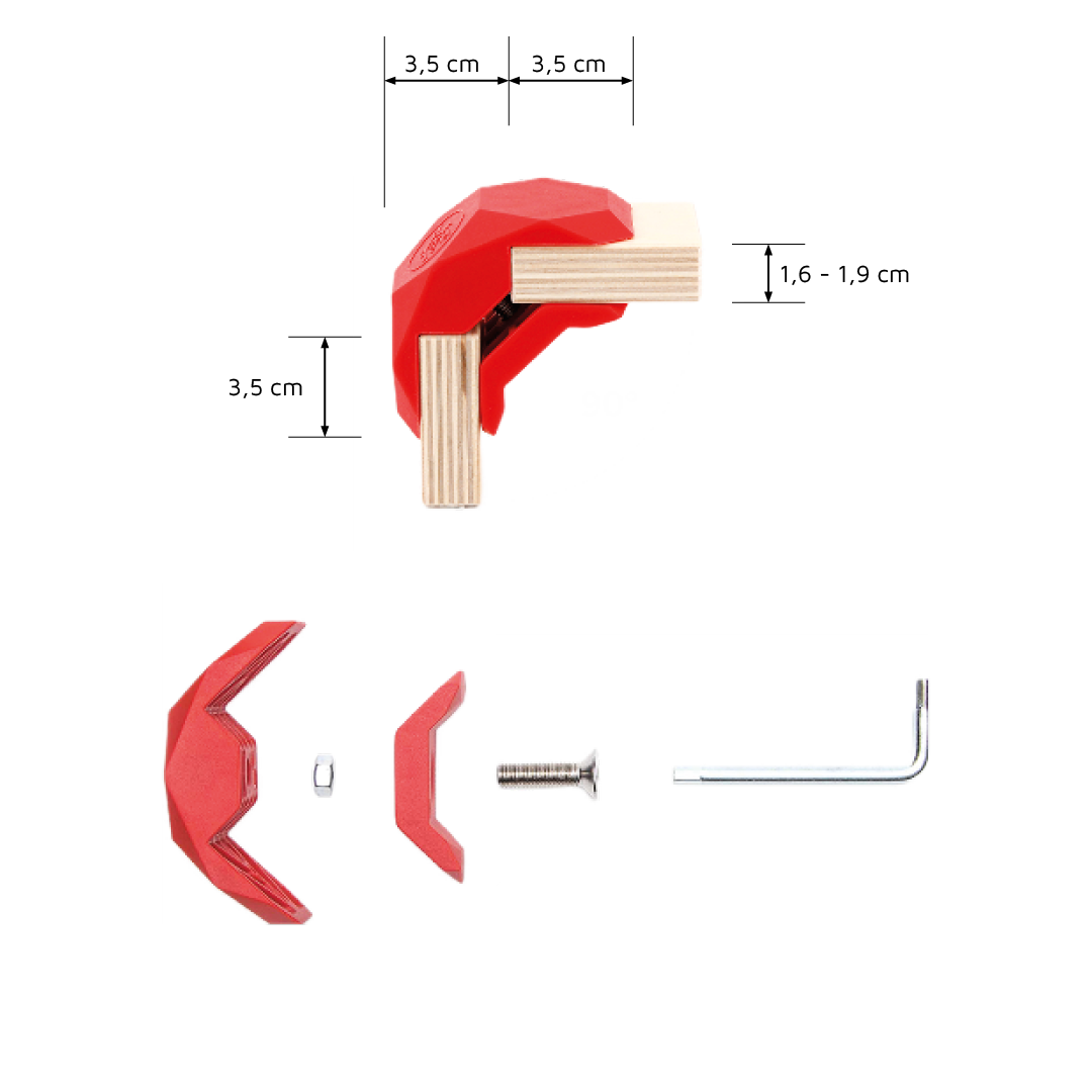 Abmessungen des 90 Grad Steckverbinders in rot von PlayWood und Darstellung der Einzelteile inklusive eines Sechskantschlüssels.